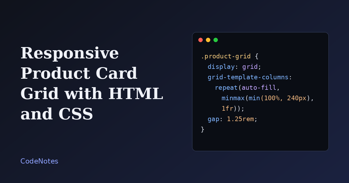 Responsive product card grid built with HTML and CSS Three product cards in a responsive grid showing a monitor stand, a desk lamp and a notebook